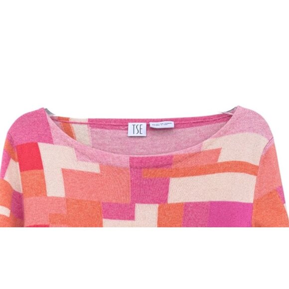 Y2K Cashmere Top L Color Block Boat Neck Quarter Sleeve Mod Playful Minimalist - Picture 2 of 5